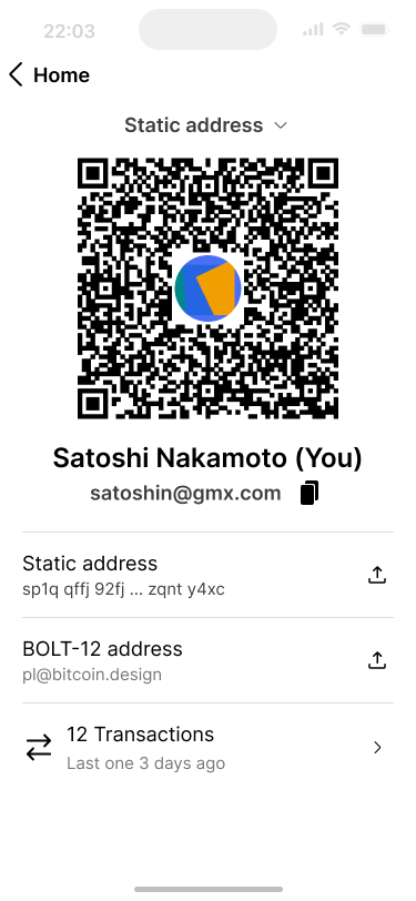 The wallet owner's contact page, containing their bitcoin receiving methods with a QR at the top for a selected method.