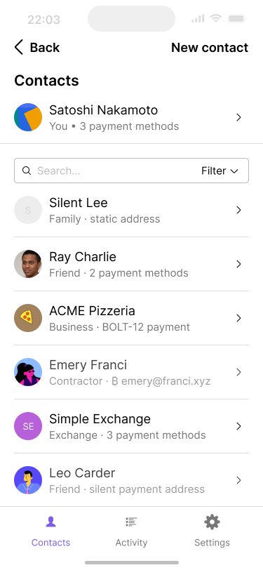 A Contacts page shows the user a searchable contact list, in order quickly access saved payment information, including their won.