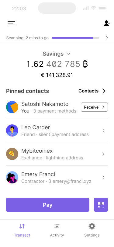 App home screen containing a pinned contacts section, which includes a self contact for the wallet owner.