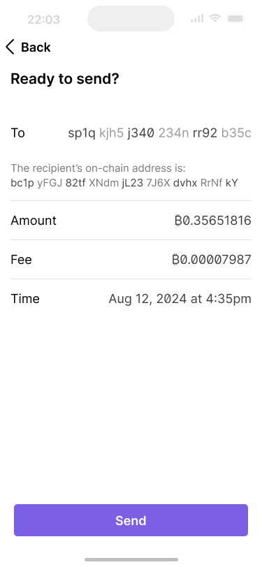 The send review page displaying the static address explaining that the on-chain address is different from it.